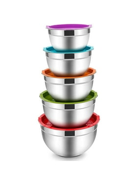 Mixing Bowls with Lids Set of 5, Vesteel Stainless Steel Mixing Bowls Metal Nesting Salad Bowls, Size 4.5, 3, 1.5, 1, 0.7 QT Great for Cooking, Baking, Serving - Multi-Color