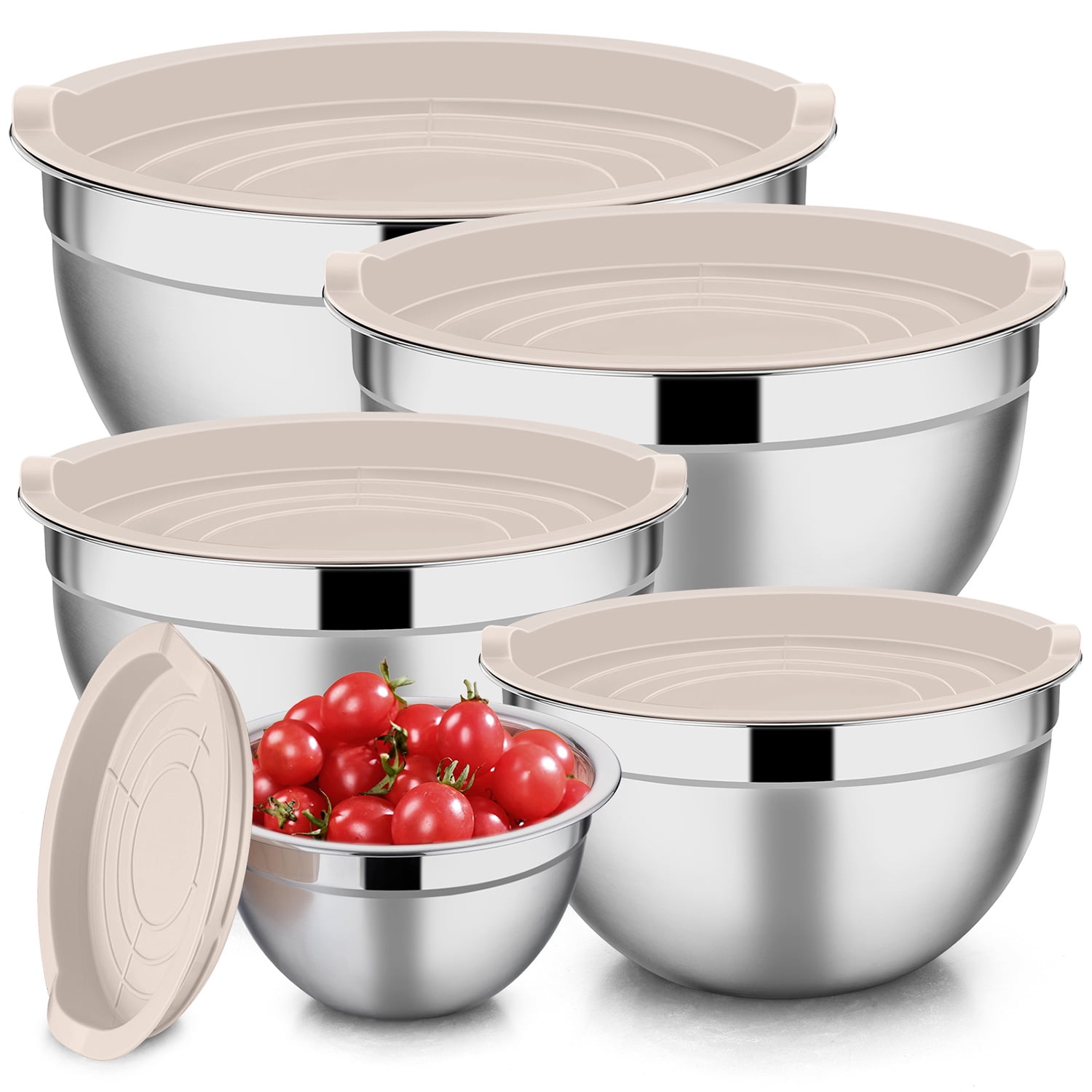 Mixing Bowls with Lids Set of 5, Vesteel Stainless Steel Mixing Bowls Metal Nesting Salad Bowls, Size 4.5, 3, 1.5, 1, 0.7 QT Great for Cooking, Baking, Serving - Khaki - Walmart.com
