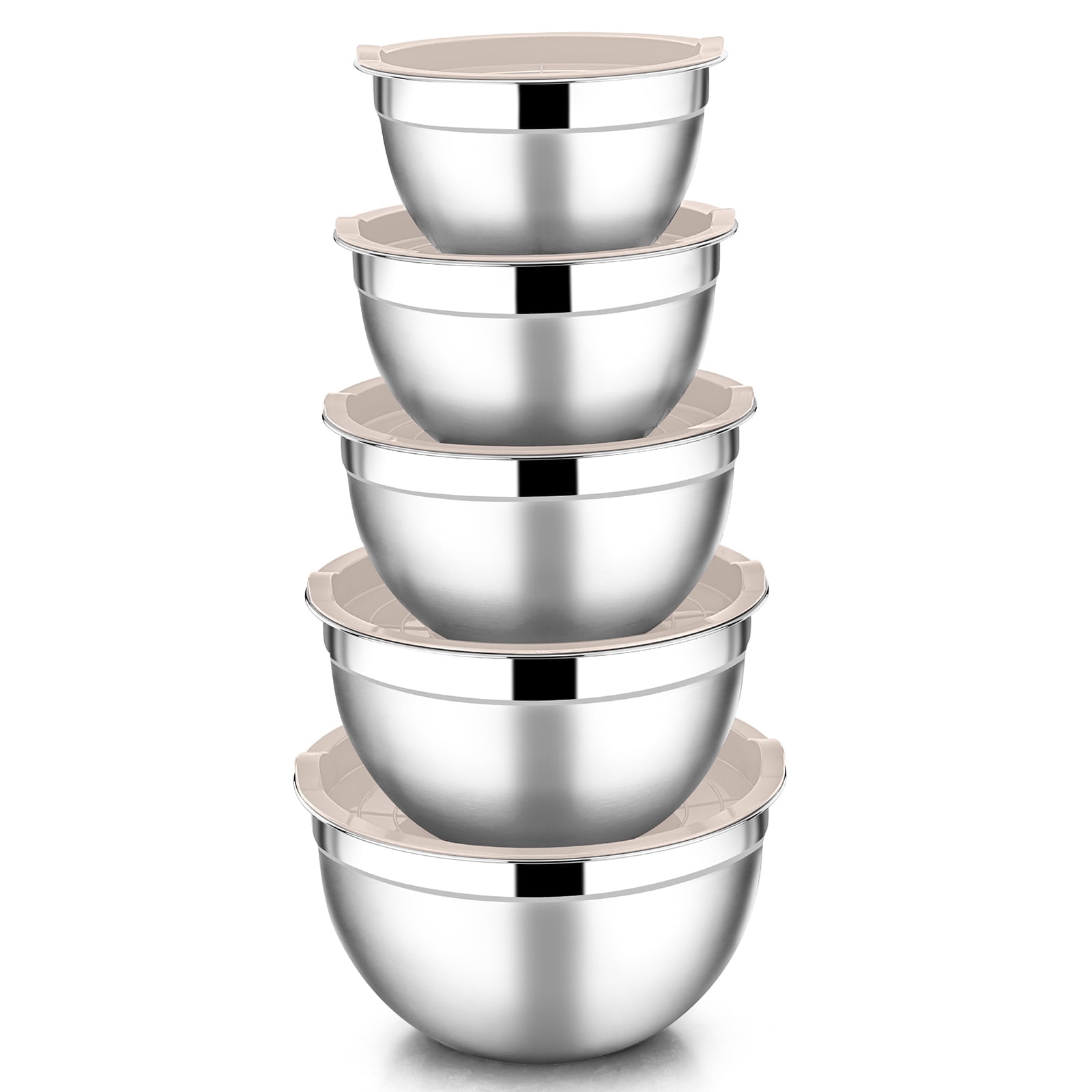 Mixing Bowls with Lids Set of 5, Vesteel Stainless Steel Mixing Bowls Metal Nesting Salad Bowls, Size 4.5, 3, 1.5, 1, 0.7 QT Great for Cooking, Baking, Serving - Khaki - Walmart.com