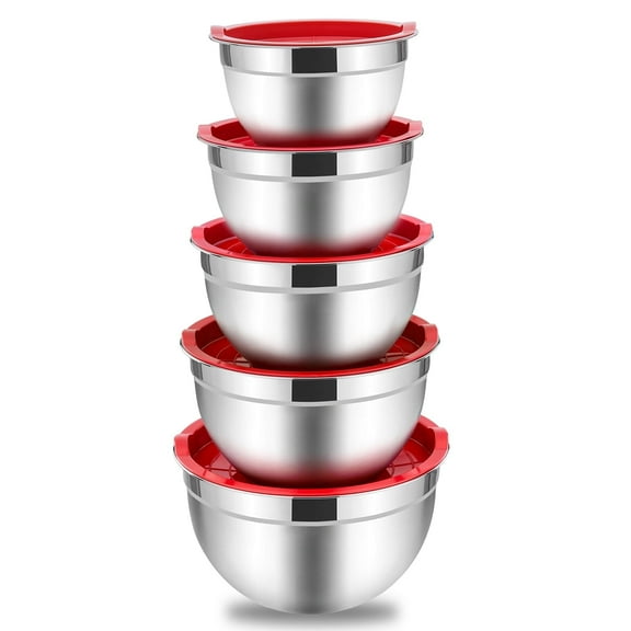 Mixing Bowls with Lids Set of 5, Vesteel Stainless Steel Mixing Bowls Metal Nesting Salad Bowls, Size 4.5, 3, 1.5, 1, 0.7 QT Great for Cooking, Baking, Serving - Red