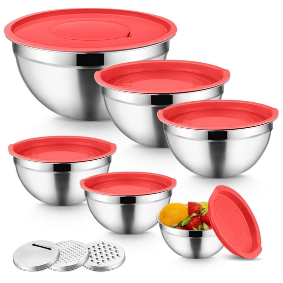 Mixing Bowls with Lids Set of 9, Vesteel Stainless Steel Mixing Bowls Metal Nesting Salad Bowls Attach with 3 Graters for Kitchen Grating/ Shredding, Size 4.6, 2.6, 2, 1.5, 1, 0.7 QT - Red