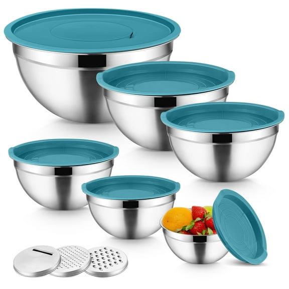 Mixing Bowls with Lids Set of 9, Vesteel Stainless Steel Mixing Bowls Metal Nesting Salad Bowls Attach with 3 Graters for Kitchen Grating/ Shredding, Size 4.6, 2.6, 2, 1.5, 1, 0.7 QT - Blue
