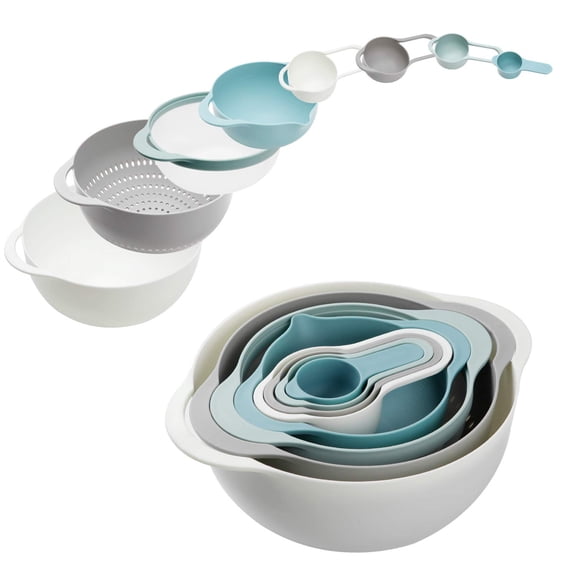 Mixing Bowls-Plastic Nesting Mixing Bowl Set of 8, Kitchen Gadgets for Apartments Space Saving, Including Measuring Cups Sifter Colander, Easy Storage Cooking Baking, Rv Camper Accessories, No BPA