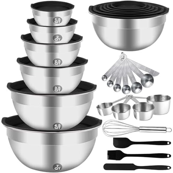 Mixing Bowls Set, 27PCS Stainless Steel Mixing Bowl with Lid Set, Large Nesting Bowls 7, 4.5, 3, 2.5, 2, 1.5QT, Measuring Cups and Spoons Baking Utensils Metal Bowl for Kitchen Prep