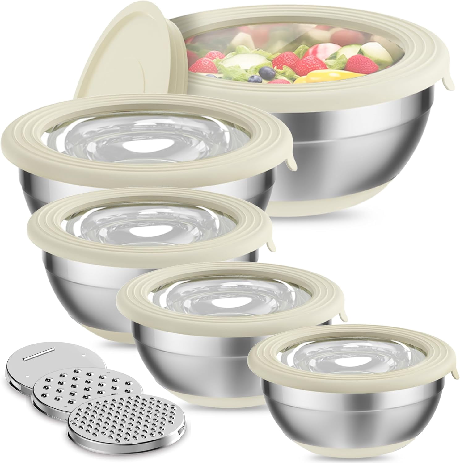 TeamFar 6-Piece Stainless Steel Mixing Bowl Set With Lids & Graters - Nesting Bowls 4.6QT To 0.7QT, Khaki