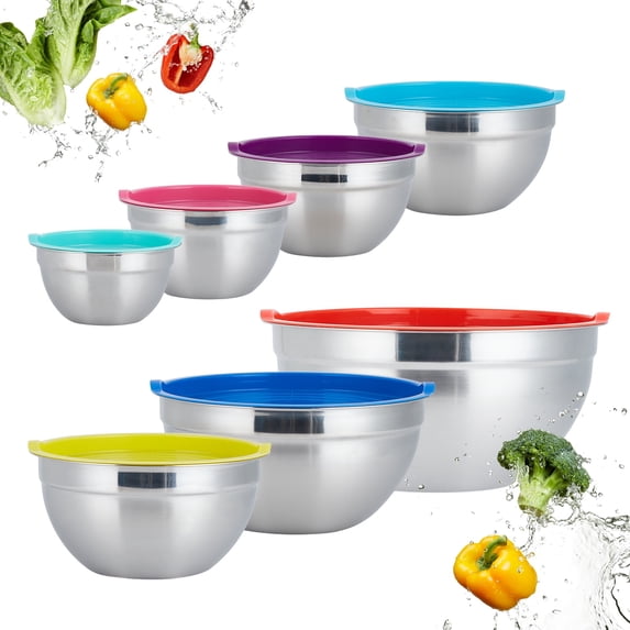Mixing Bowls with Airtight Lid, 7 Piece Stainless Steel Nesting Bowls for Space Saving Storage, Perfect for Cooking, Baking, Prepping & Food Storage