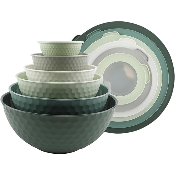 Mixing Bowls with Lids - 12 Piece Plastic Nesting Bowls Set includes 6 Prep Bowls and 6 Lids, Microwave Safe Mixing Bowl Set, Sage Embossed