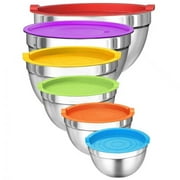 Mixing Bowls with Lids, 6Pcs Stainless Steel Bowls Set, Size 7, 4, 2.5, 2.0,1.5, 1QT, Great for Mixing & Serving,Colorful
