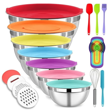 29PCS Stainless Steel Mixing Bowls with Lids Set, with 3 Grater Attachments Size 4.5, 4, 3.5, 2.1, 1.5, 1.1, 0.7QT, Ideal for Kitchen Cooking Baking & Serving