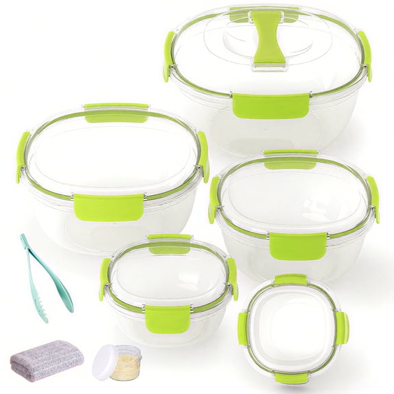 Storage Bowls Set with Airtight Lids, BPA-Free, Leak-Proof Plastic Containers for Meal Prep, Baking, Salad, Picnic & Oven Safe, Includes 3-in-1 Spatula & Tongs – Nesting To-Go Containers