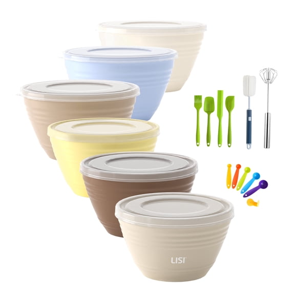 LISI 23Pcs Mixing Bowls Set with Lids, Airtight BPA-Free Nesting Bowls for Mixing, Baking, Cooking & Storage, Dishwasher Safe Serving Bowl, Includes Spatula, Spoons, Brush & Whisk