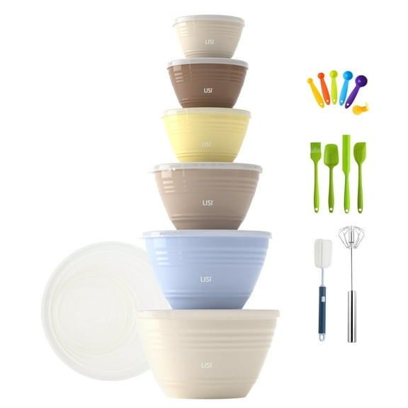 LISI 6 Pack Mixing Bowl Set with Lids, Plastic Bowls for Kitchen, Nesting Salad & Meal Prep Bowls, BPA-Free, Large Storage Bowl with Airtight Lids