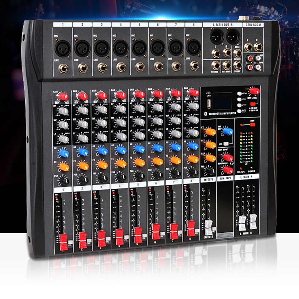 Mixing Console 8-Channel Bluetooth Live Recording Studio Audio Mixer Power Mixing Console Board with USB Interface Durable ABS Build Ideal for Live Shows Home Studios Podcasts