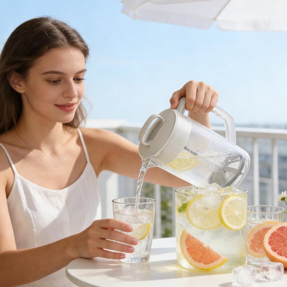 Mixing Pitcher with Adjustable Plunger Filter Lid, Leakproof Drink Container for Tea Cold Beverages, Wide Mouth Clean Pitcher for Infused Water and Juice, Easy Pour Spout