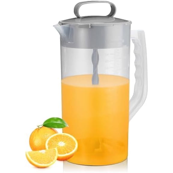 Mixing Pitcher for Drinks, 2 Quart/ 64oz Plastic Water Pitcher with Lid, Angled Plastic Blades and Adjustable Mixer Plunger for Juice, Powdered Milk, Beverage Container (One)