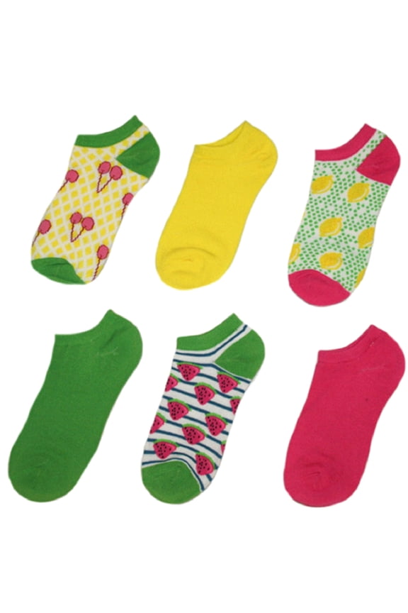 Women's No Show Socks Fruits and Solid Assorted Colors 6 Pair (Sock Size: 9-11)