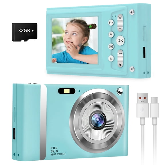 Mixmart 48 MP FHD 1080P Kids Digital Camera with 32GB Memory Card, Pink