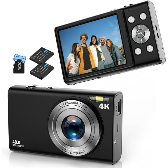 Mixmart Digital Camera 4K Vlogging Camera, with 32GB TF Card 2.8 Inch Screen 48MP 16X Zoom Auto Focus, Webcam Portable Mini Compact Camera for Beginners Kids Teens (Purple)