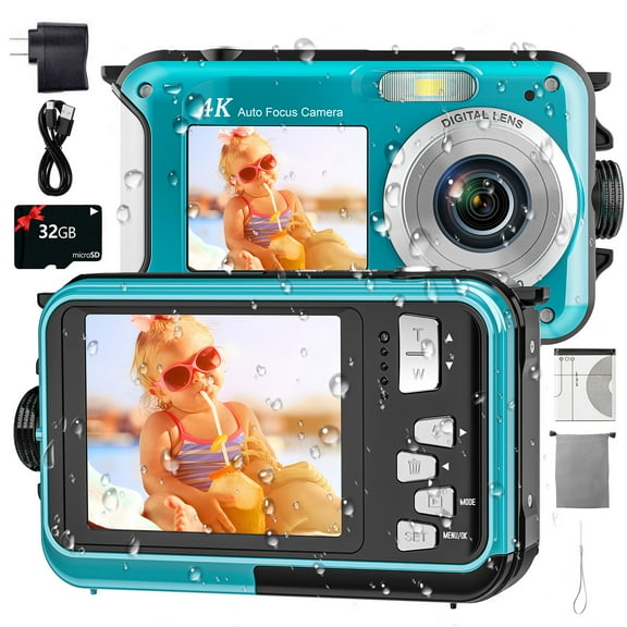 Mixmart Waterproof Camera 4K 56MP 11FT Underwater Camera Selfie Dual Screens 16X Digital Zoom Auto-Focus Waterproof Digital Camera for Snorkeling Yellow