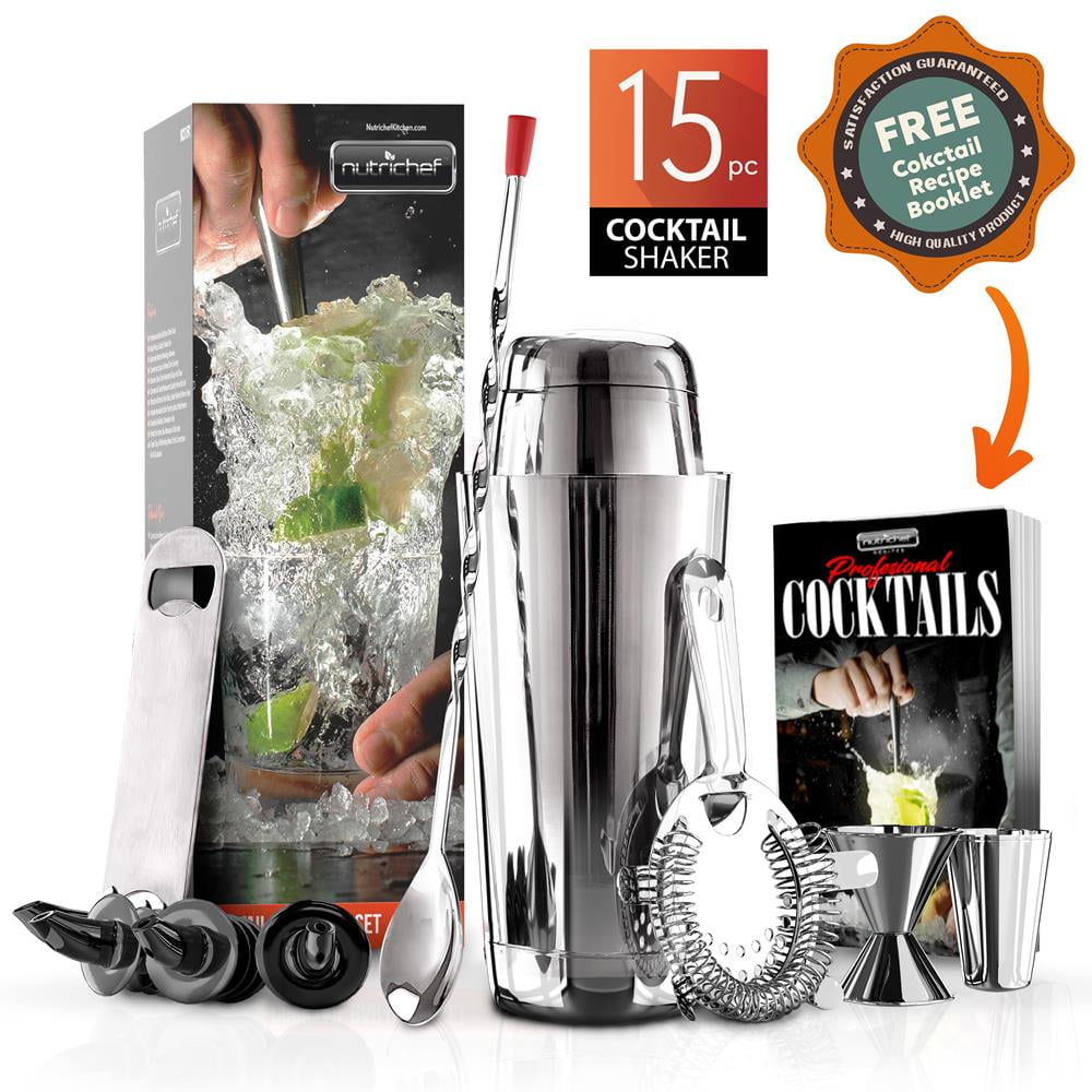 Mixology Bartender Cocktail Shaker Set - 15 \u0026 30 oz Stainless Steel Cocktail Bar Set Mix Drink Shaker Kit - Essentials Martini Making Kit Drink Mixing Starter Set - NutriChef NCCS15PC (15 Piece Set)