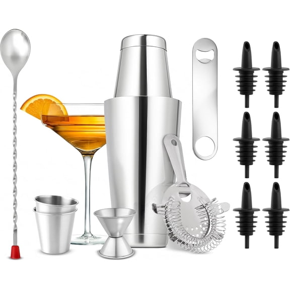 Mixology Bartender Cocktail Shaker Set - Includes 15 & 30 oz Stainless Steel Shakers, 6 Bottle Pourers & More - Essential Martini Making Kit - Drink Mixing Set - 15 Piece Cocktail Bar Set