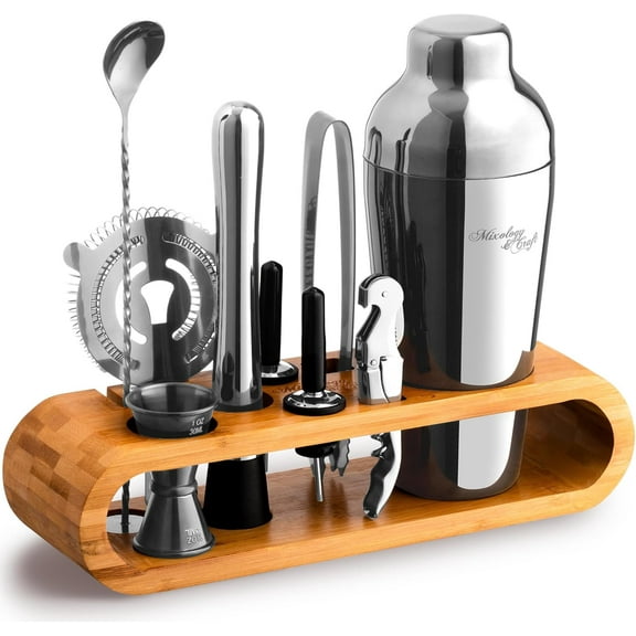 Mixology Bartender Kit: 10-Piece Bar Tool Set with Bamboo Stand | Perfect Home Bartending Kit and Martini Cocktail Shaker Set for a Perfect Drink Mixing Experience | Fun Housewarming Gift (Silver)