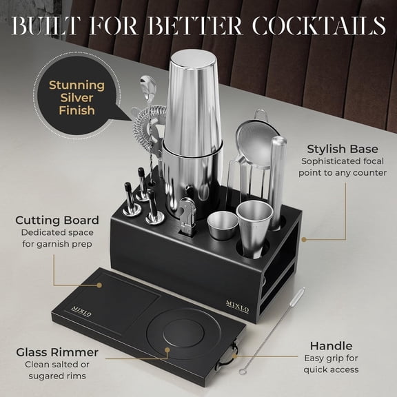 Mixology Bartender Kit -15Pcs Bar Set Cocktail Shaker Set w Black Bar Cart Accessories Stand - Shakers Bartending Silver Tools, 24oz Shaker, 17 Recipe Cards, Martini Barware