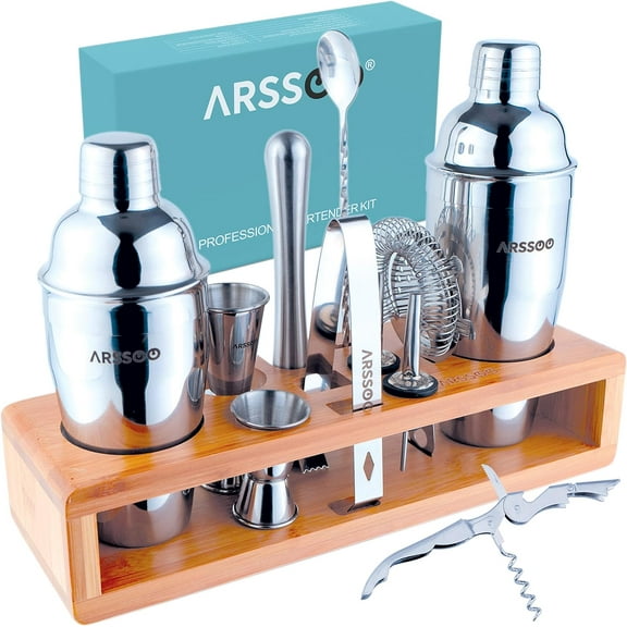 Mixology Bartender Kit 16-Piece Premium Stainless Steel Cocktail Shaker Set & Stylish Bamboo Stand | Perfect Home Drink Mixing Bartending with Professional Bar Tools & Cocktail Kit | ARSSOO Bar Gift