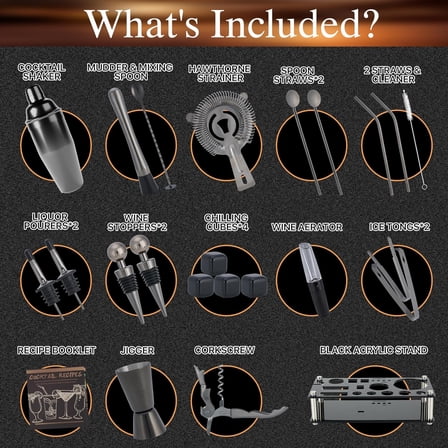 Mixology Bartender Kit – 24 Piece Gun Metal Cocktail Shaker Set w/Stand – Essential Home Bar Accessories Martini Shaker, Jigger, Muddler, Chilling Cubes & More