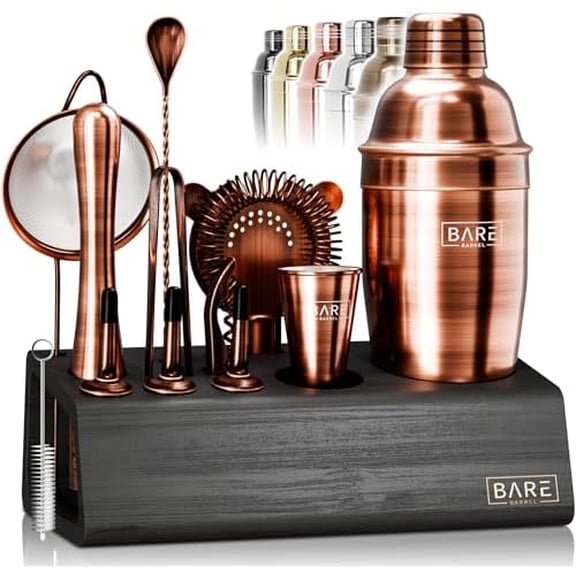 ® Mixology Bartender Kit Bar Set | 14-Piece Cocktail Shaker Set | Martini Barware Mixing Tools for Home Bartending | Incl. 35 Recipe Cards | Gift Set (24oz Cobbler Shaker, Copper/Black)