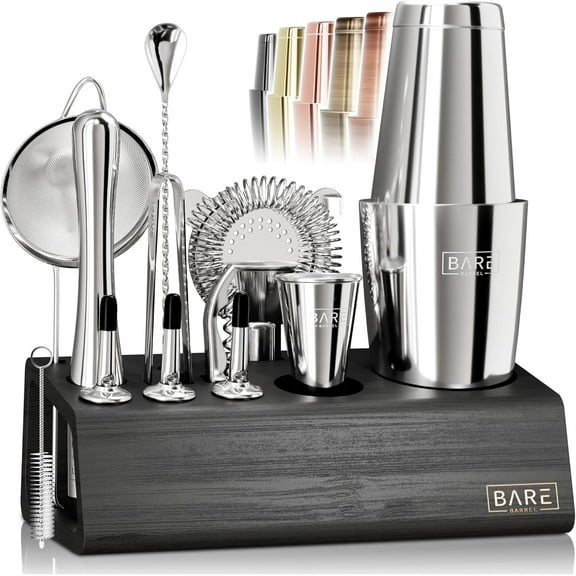 Mixology Bartender Kit Bar Set | 14-Piece Cocktail Shaker Set | Martini Barware Mixing Tools for Home Bartending | Incl. 35 Recipe Cards | Gift Set (28oz Boston Shaker, Silver/Black)