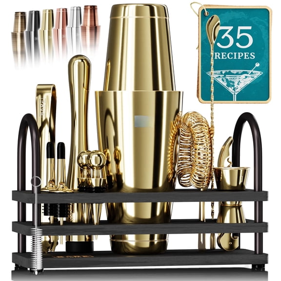 Mixology Bartender Kit Bar Set | 14-piece Cocktail Shaker Martini Barware Mixing Tools For Home Bartending 35 Recipe Cards Gift (28oz Gold/black)