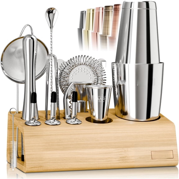 Mixology Bartender Kit Bar Set | 14-piece Cocktail Shaker Martini Barware Mixing Tools For Home Bartending Incl. 35 Recipe Cards Gift (28oz Silver/natural)