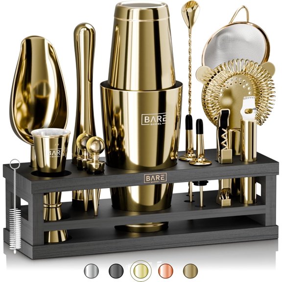 Mixology Bartender Kit Bar Set | 16-Piece Cocktail Shaker Set | Martini Barware Mixing Tools for Home Bartending | Incl. 35 Recipe Cards | Gift Set (28oz Boston Shaker, Gold/Black)