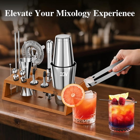 Mixology Bartender Kit Bar Set with Stand | 17-Piece Cocktail Shaker Set | 28oz Boston Shaker Drink Mixer Set with All Essential Accessory Tools | Fun Housewarming Gift (Silver)