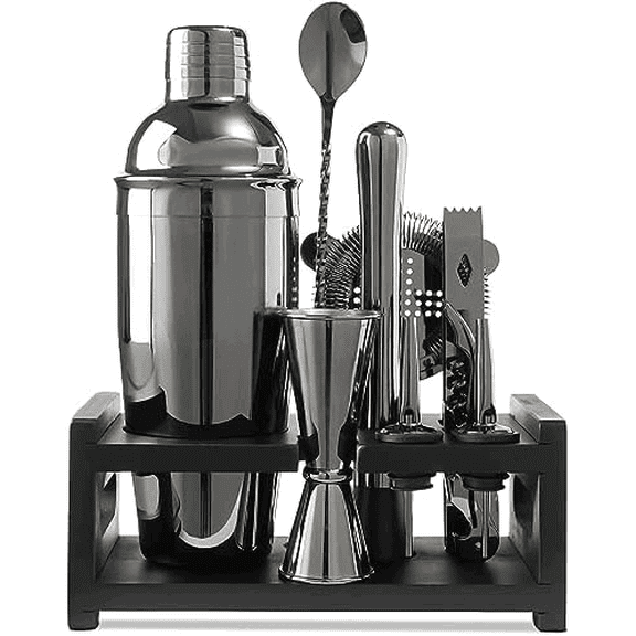 Mixology Bartender Kit: Cocktail Shaker Bar Set with a Martini Shaker, Bar Tools and Black Bamboo Stand | Bartending Kit with Recipe Book | Unique Housewarming Gift (Black)