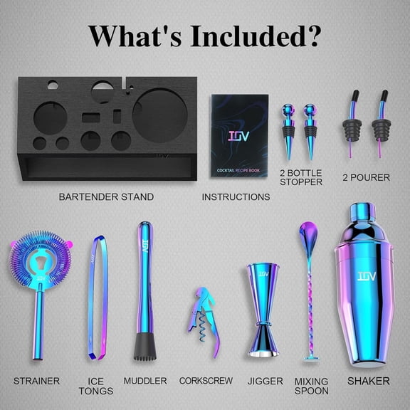 Mixology Bartender Kit with Stand | 12-Piece Cocktail Shaker Set | 24oz Martini Shaker Set for Drink Mixing | Bar Set Includes All Bar Tools and Recipe Booklet | Fun Housewarming Gift (Rainbow)