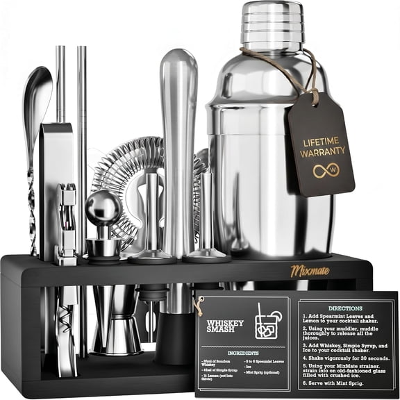 Mixology Bartender Kit with Stand - 15 Piece Bar Tool Set, Silver Bar Set Cocktail Shaker Set for Drink Mixing - Includes Martini Shaker, Jigger, Strainer, Bar Mixer Spoon, Tongs, Opener | Gift Idea