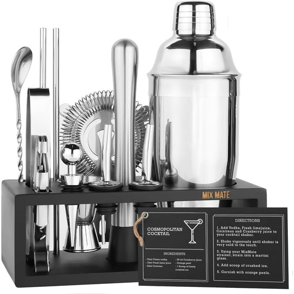 Mixology Bartender Kit with Stand - 15 Piece Bar Tool Set, Silver Bar Set Cocktail Shaker Set for Drink Mixing - Includes Martini Shaker, Jigger, Strainer, Bar Mixer Spoon, Tongs, Opener | Gift Idea