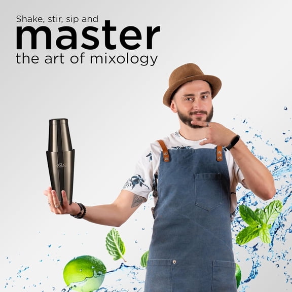 Mixology Black Bartender Kit with Japanese Jigger & Stand - 13 Piece Stainless Steel Cocktail Making Set - Boston Shaker, Strainer, Mixer Spoon, Muddler - Barware Anniversary & Birthday Gifts