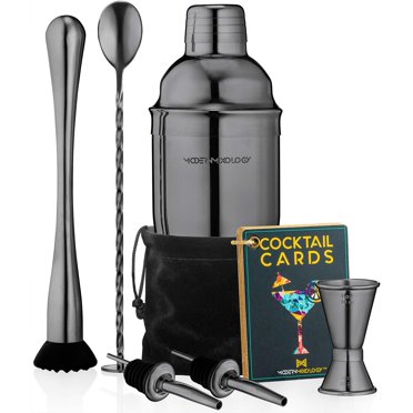 8-Piece Bartender Kit With Wooden Stand - Complete Cocktail Shaker Set In Silver