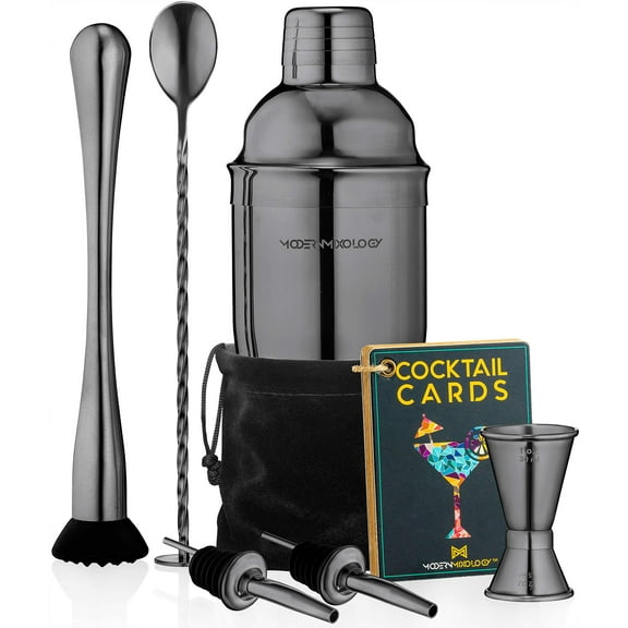 Mixology Cocktail Shaker Set Drink Mixer, 8-Piece Portable Bartender Kit with 24oz Martini Shaker Barware Tool Set, 2 Pourers, Muddler, Jigger, Mixing Spoon, Velvet Bag, Built-in Strainer (Black)