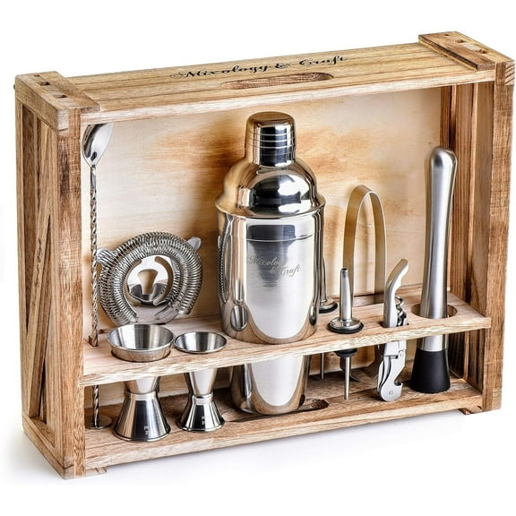 Mixology & Craft 11-Piece Bartender Kit with Wood Stand Crate, Silver