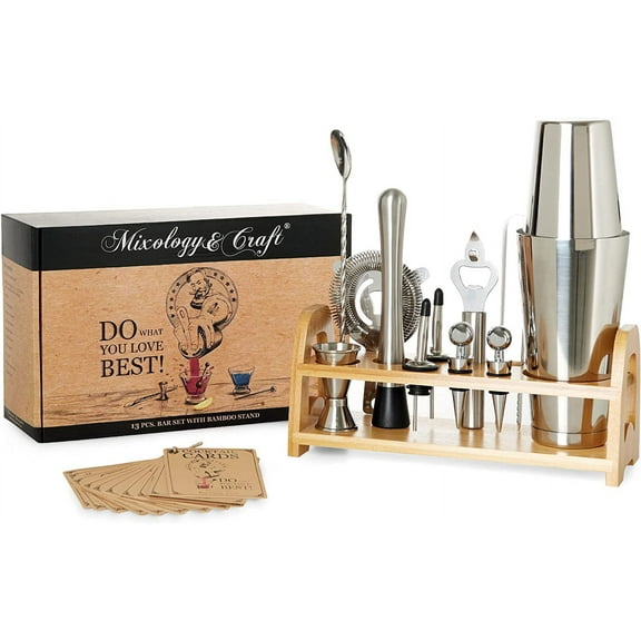 Mixology & Craft Bartender Kit - 13 Piece Set Including Stainless Steel Cocktail Making with Bar Stand & Boston Shaker, Perfect for Drink Mixing at Home, Plus Exclusive Recipe Cards