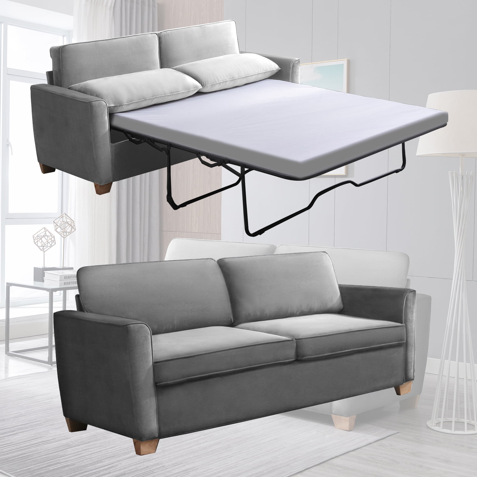 Mixoy 2 In 1 Pull Out Sofa Bed Velvet Loveseat Sleeper With Folding Mattress Couch Suitable For Living Room Full Size Apartment Small Es Queen Grey Com