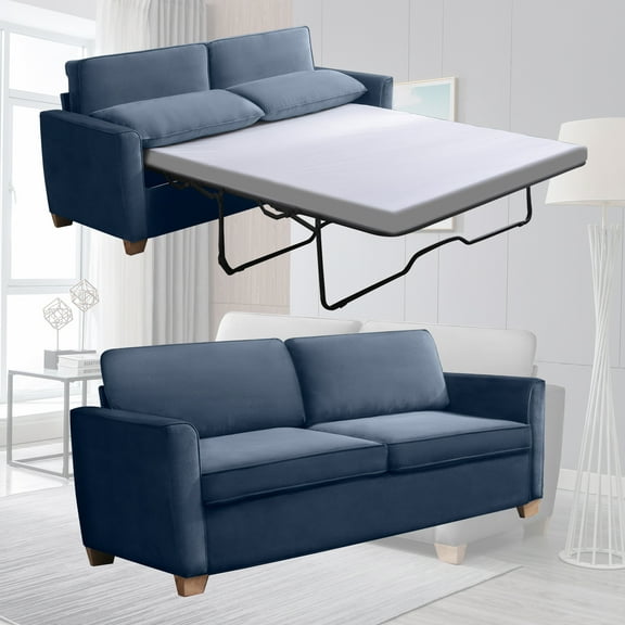 Mixoy 2-in-1 Pull Out Sofa Bed, Velvet Loveseat Sleeper Sofa Bed with Folding Mattress, Pull Out Couch Bed Suitable for Living Room, Full Size Sofa Sleeper for Apartment/Small Spaces (Queen, Blue)
