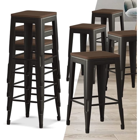 Mixoy Bar Stool 26.4'' Indoor Outdoor Stackable Barstools Modern Industrial Square Metal Top Bar Stools Set of 4 - Black