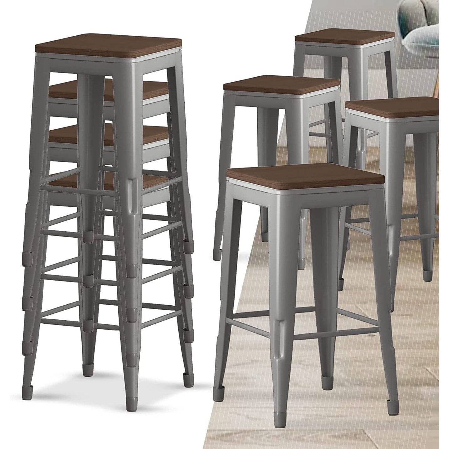 Mixoy Bar Stool 26.4'' Indoor Outdoor Stackable Barstools Modern Industrial Square Metal Top Bar