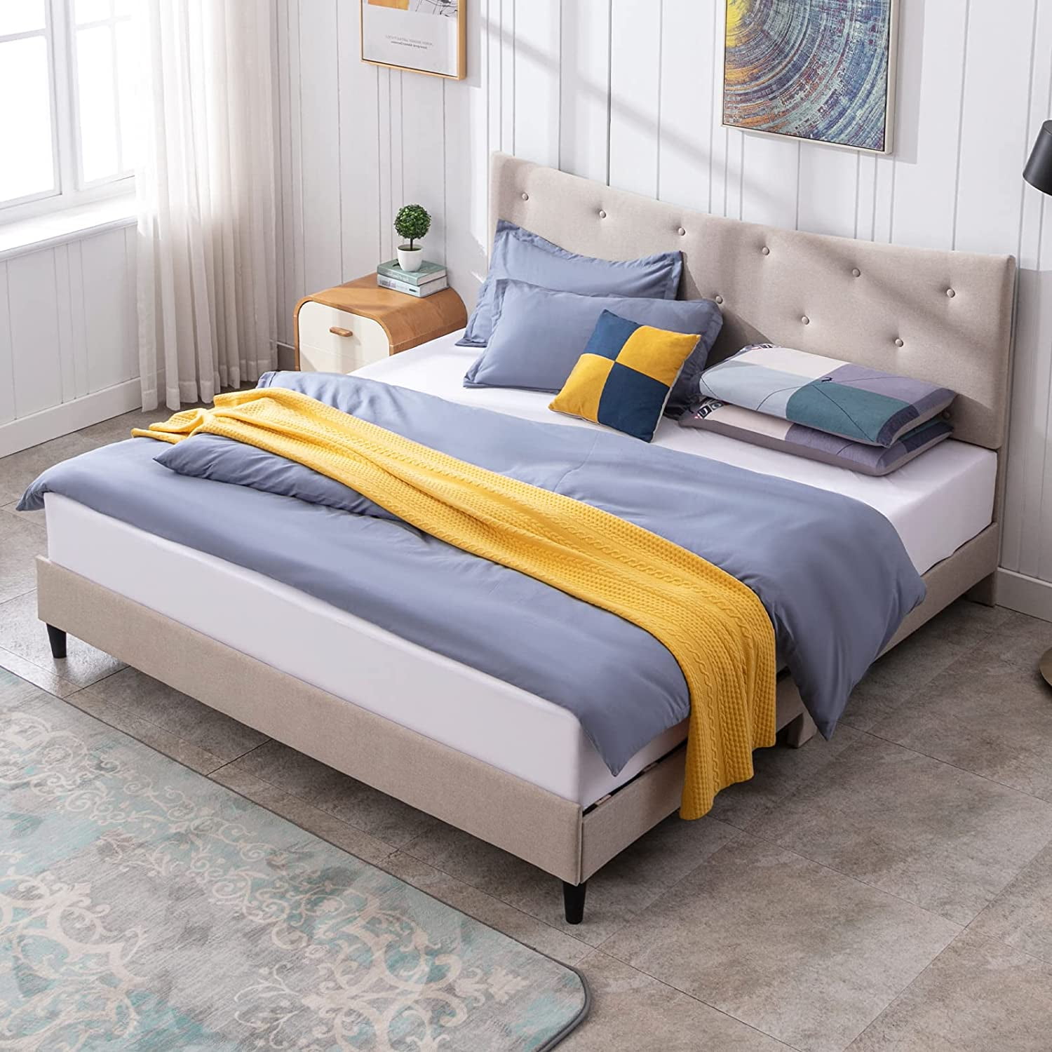 Mixoy Cal King Size Platform Bed Frames,Upholstered Linen Bed Frame