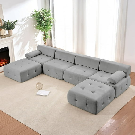 Mixoy Convertible U/L Shaped Modular Sectional Sofa, 6 Seater Couch with Oversized Seat, Free Combination Floor Sofa for Living Room (Light Grey, 6PCS)